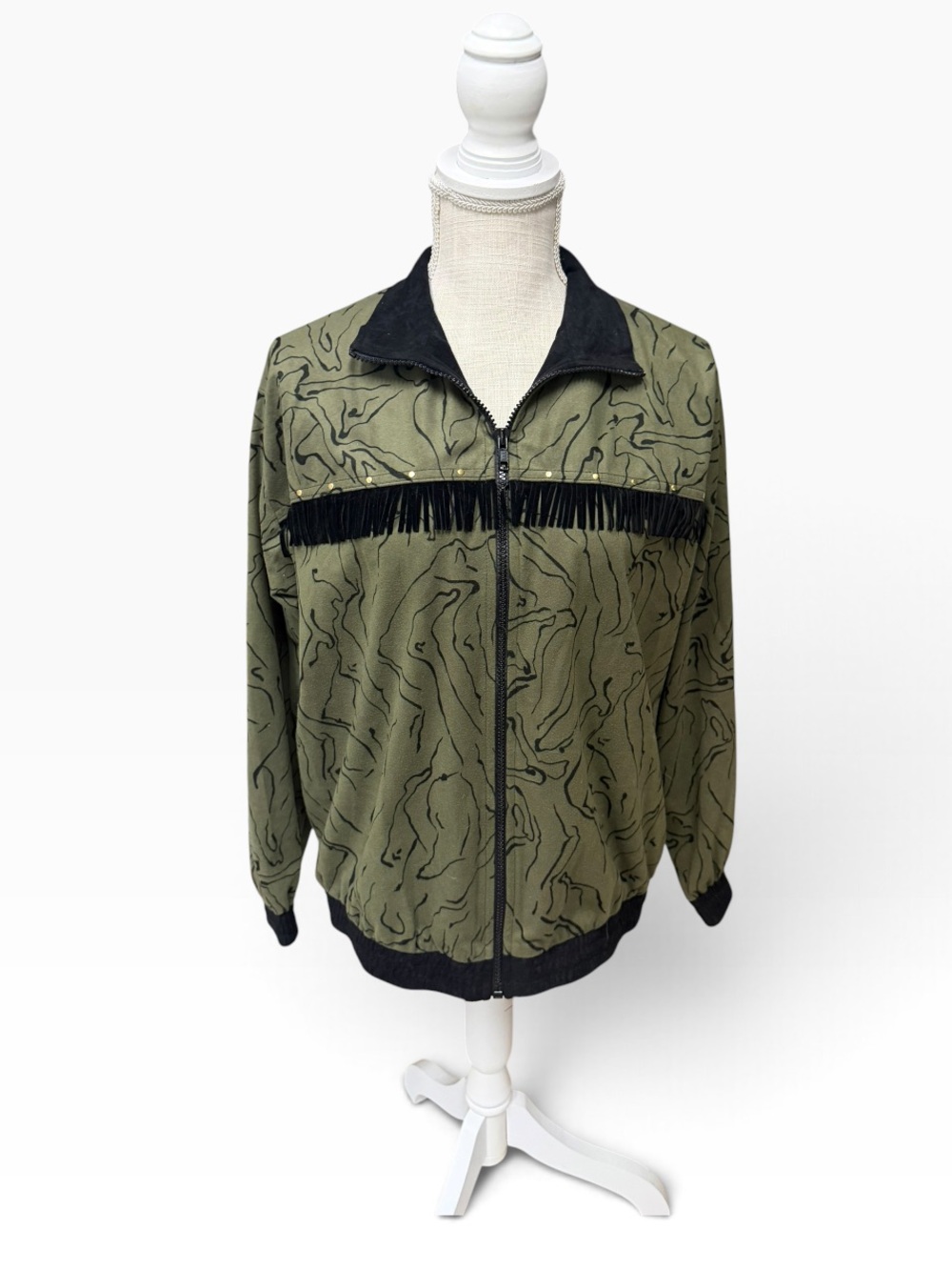 Vintage Oversized Rio Women's Green/Black Zip Jacket Fringe Trim Western